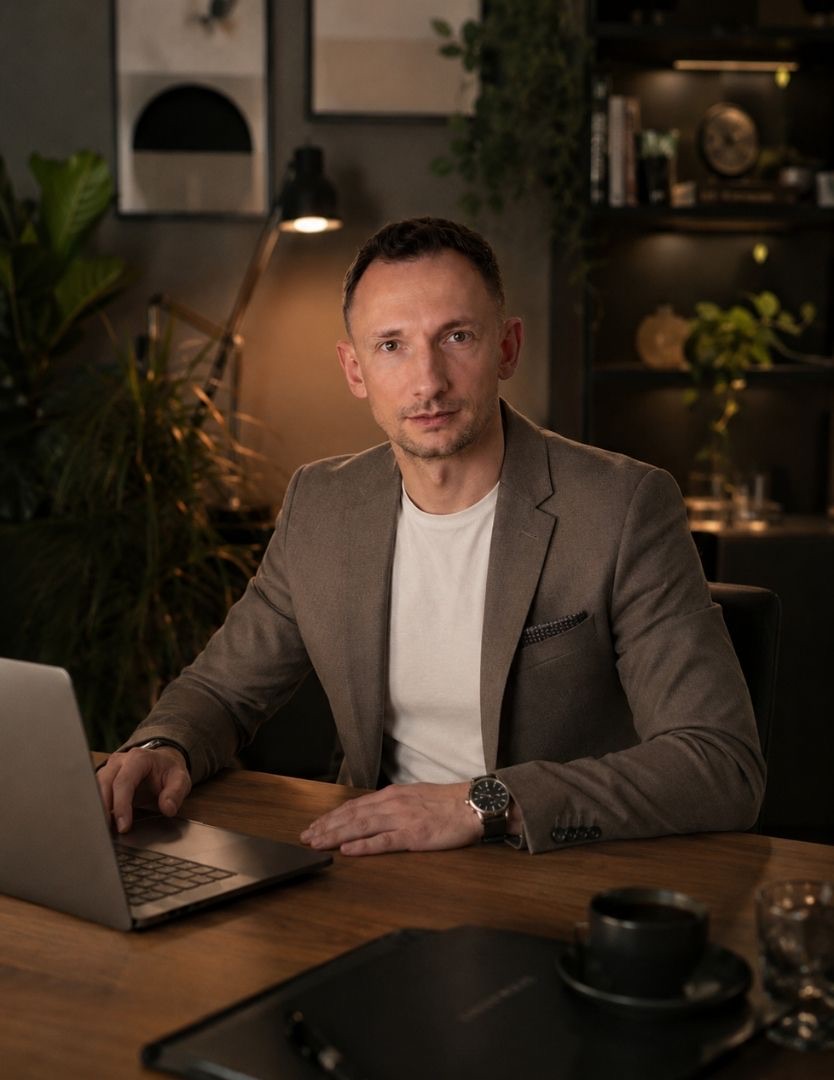 Maciej Sołtysiak przy biurku z laptopem