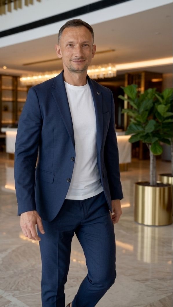 Maciej Sołtysiak w hotelowym lobby